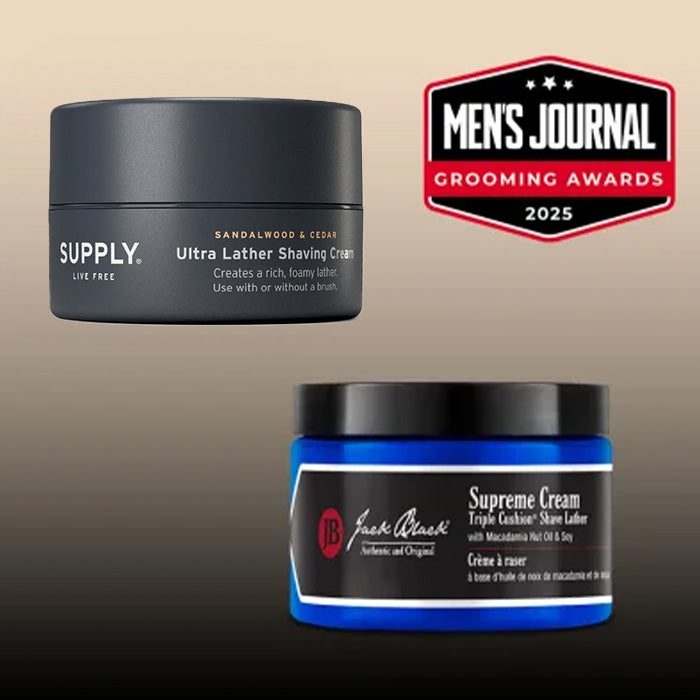 Two shaving cream jars with 'Men's Journal Grooming Awards 2025' logo on a beige background